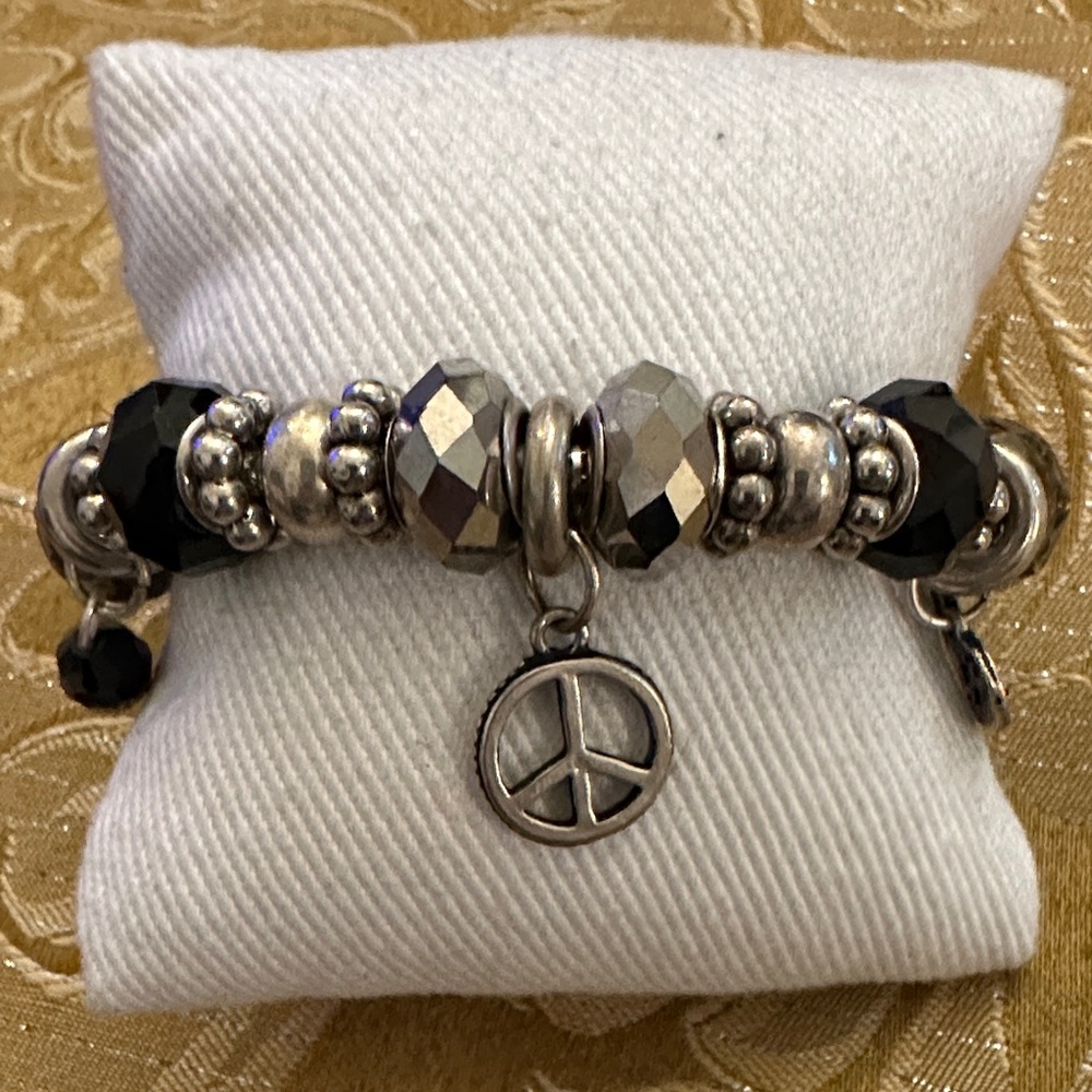 Pandora charm style Silver and Black Beaded Bracelet w/Peace Charm